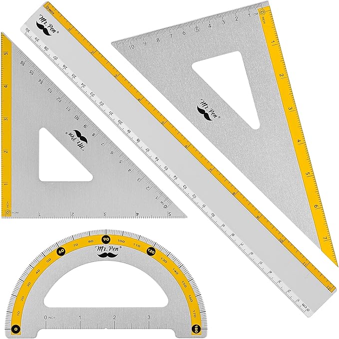 Mr. Pen- Geometry Set, Yellow Stripes, 4 Pack, Metal Geometry Kit, Triangle Ruler, Metal Ruler, Drafting Triangles, Metal Protractor, Metal Set Square, Drafting Ruler, Drafting Set