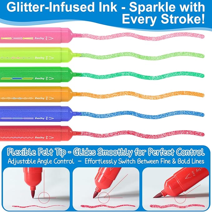 AECHY Dual Tip Glitter Highlighters Set, 6 Colors-Changing Fun Line Style Pens for Writing, Drawing, Sparkle Markers Ideal for Students, Artists, Journaling, Office & School Supplies(6 Pack)
