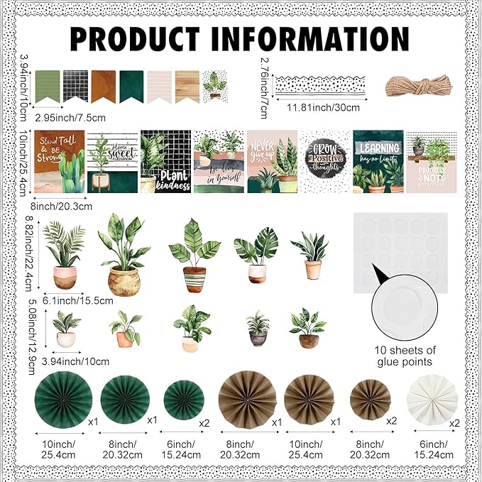 Pajean 62 Pcs Boho Plant Classroom Bulletin Board Decorations with 3D Paper Fans Inspirational Posters Cutouts Greenery Positive Motivational Bulletin Board Set for School Classroom Home Decorations
