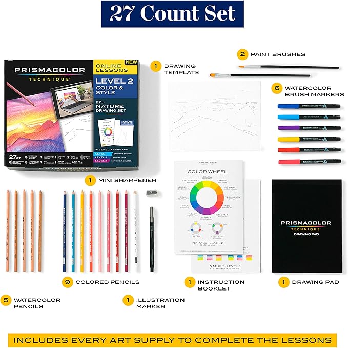 Prismacolor Technique Art Supplies and Digital Art Lessons Nature Drawing Set Level 2 Watercolor Pencils Brush Markers and More Sunset Landscape Drawing 27 Count