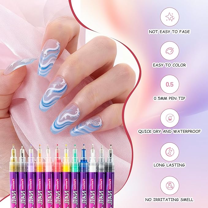 12 Colors Nail Art Marker Pens Set, 2026 Upgraded Fine Tip (0.5mm) Nail Markers, Quick-Dry Nail Polish Pens for DIY Nail Art, Dotting/Drawing/Liner, Nail Art Design Tools for Adult and Kids