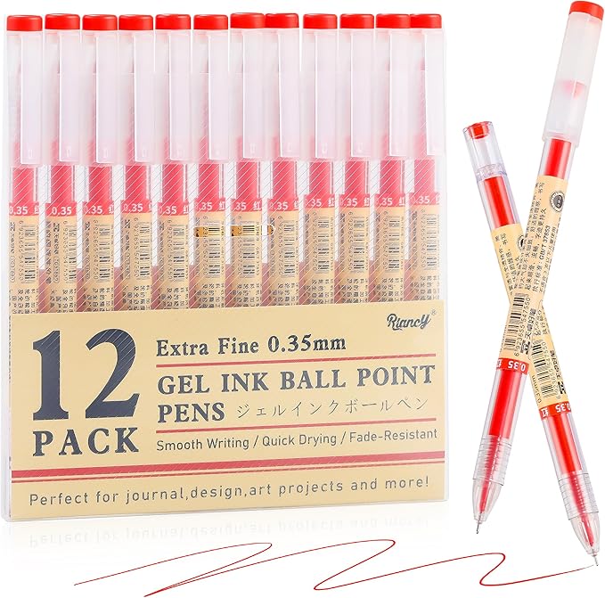 RIANCY 12 Pack Red Ink Japanese Style Stationery Gel Pens, 0.35mm Extra Fine Point Tip, Quick Dry No Smear No Bleed Pen, Smooth Writing Pens for Journaling Note Taking Office School Supplies