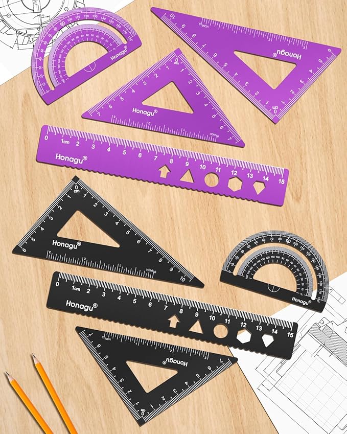 Honagu Triangular Ruler Set, 2 Sets/8 Pieces Aluminum Alloy Ruler, Metal Drafting Ruler, Geometric Protractor for Students, Draftsmen, Engineers, School Office Supplies(15cm/5.9inches, Purple+Black)