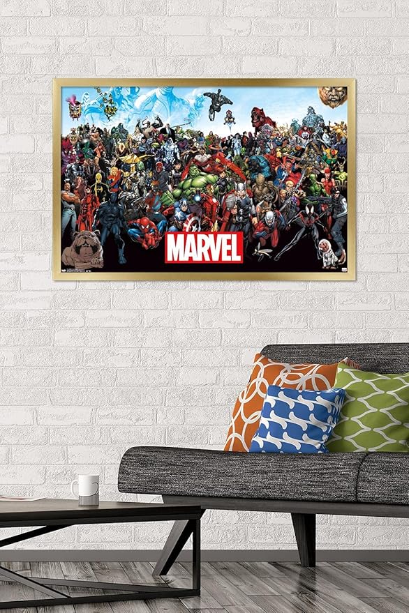 Marvel Comics The Marvel Lineup Wall Poster, 34L" x 22.4W", Gold Framed Version