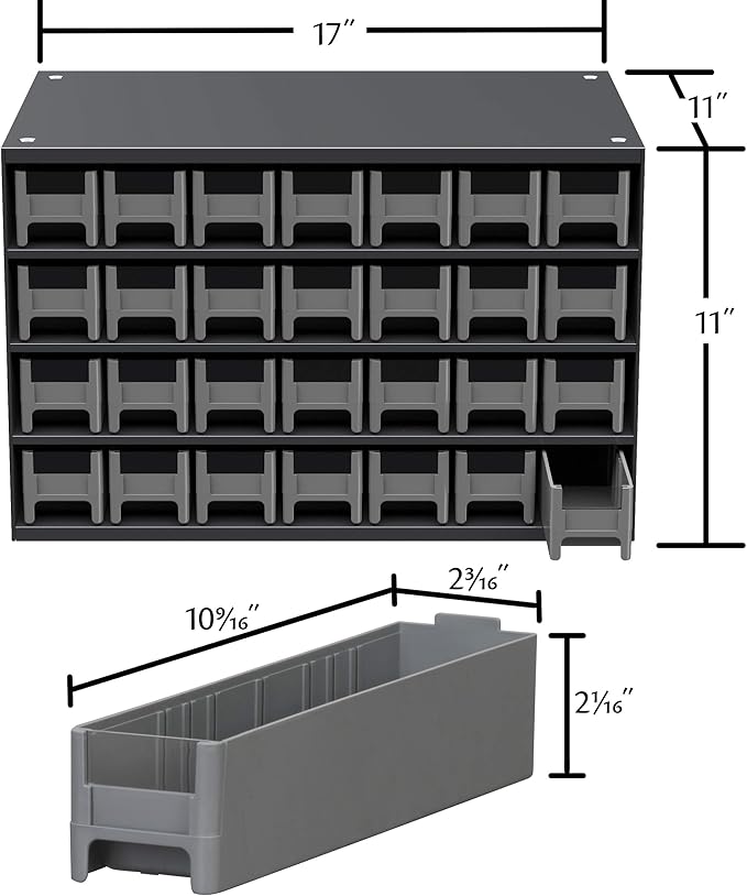 Akro-Mils Steel Garage Storage Cabinet, Small Parts Organizer Metal Cabinet for Hardware, Nails, Screws, Bolts, Nuts, and More, 17" W x 11" D x 11" H, 28-Drawer, Gray Cabinet/Black Drawers (19228)