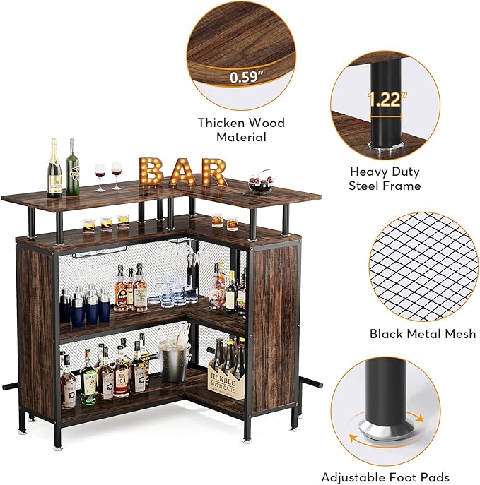 Tribesigns Home Bar Unit, L-Shaped Bar Table with Stemware Racks and 2-Tier Shelves, Corner Mini Coffee Liquor Cabinet with Footrest for Home/Kitchen/Pub, Rustic Brown