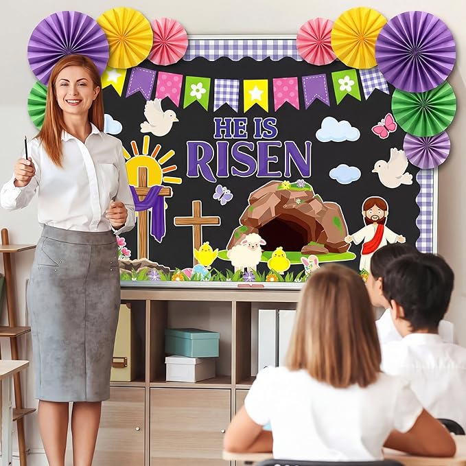 Eersida Spring Bulletin Board Decorations with Paper Fans St Patricks Day 3D Classroom Bulletin Board Christian Easter Flower Bunny Cutouts School VBS Library Church Window Wall Decor(Easter)