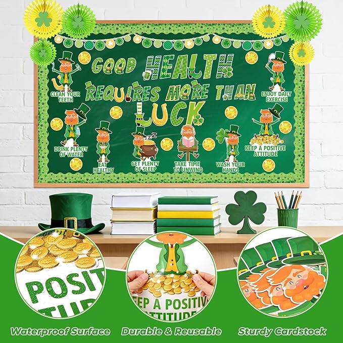 82 Pcs St Patrick's Day Bulletin Board Healthy Habits Decorations Good Health Requires More Than Luck Shamrock Gold Coin March Bulletin Board Set Clover Cutouts for Classroom School Decor