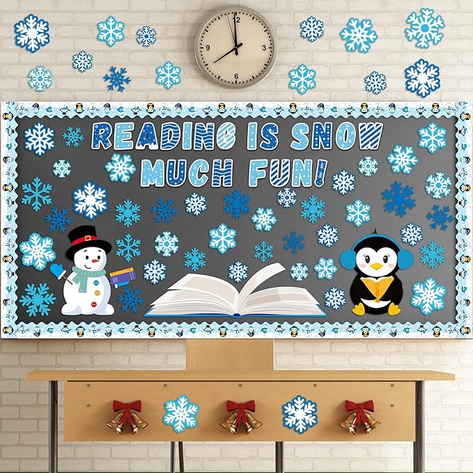 Winter Reading Bulletin Board Decoration Set Snowflake Snowman Penguins Cutouts Christmas Winter Snowflake Bulletin Board Borders Classroom Decorations for Holiday Party School Home Door Wall(Winter)
