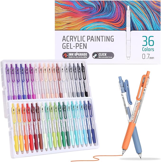 Acrylic Colored Pens Set, 36 Colors Retractable Gel Ink Pens, 0.7mm Fine Point Colorful Pen for Black Paper, Rock, Glass, Fabric and Art Crafts Supplies, Color Pen for Journaling Note Taking