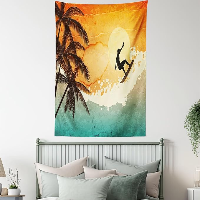 Ambesonne Grunge Tapestry Twin Size, Illustration of Tropical Island Surfer on Sea Waves and Palms at Sunset, Wall Hanging Bedspread Bed Cover Wall Decor, 68" X 88", Orange Turquoise Black