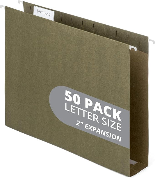 50 Extra Capacity Hanging File Folders, Heavy Duty Expanding Hang Folders with 2’’ Expansion, Standard Letter Size, Designed to Store Bulky Files, 50 Pack