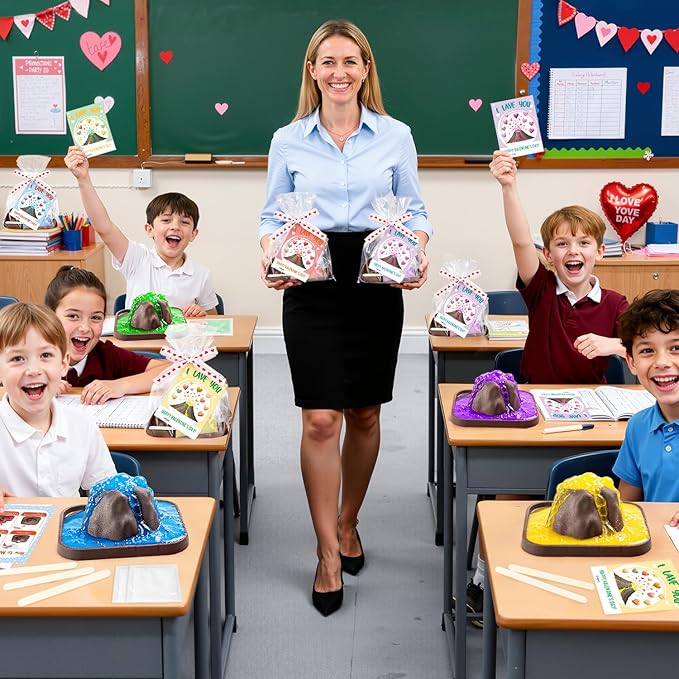 MOVINPE Valentine’s Day Classroom Gift Exchange for Kids – 26 Pack Volcano Science STEM Kits with Valentines Cards, Mini Volcano Eruption Experiment Science Party Favors for School Activities