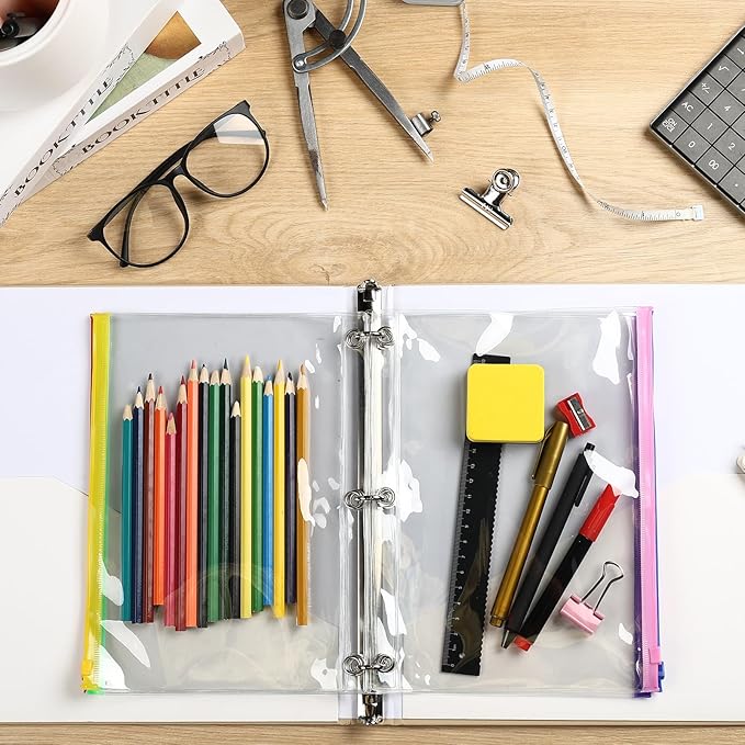 Lincia 24 Pack Clear Pencil Pouch for 3 Ring Binder Pencil Case with Zipper 3 Ring Binder Pocket Insert Bag 10 x 7'' Visible Cash Envelope with Re-enforced Grommet for Office (Colorful,Clear)