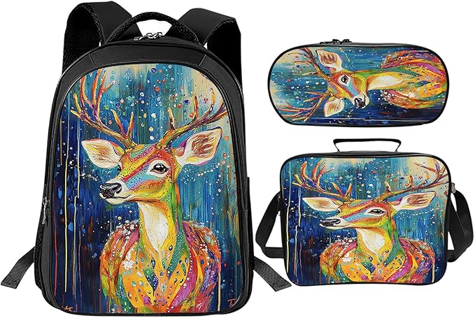 Deer Backpack Set 3 Piece School Bags and Lunch Box with Pencil Case Colorful Elk Bookbag Set for Toddler Kids Girls Boys Teens Kindergarten Elementary Middle