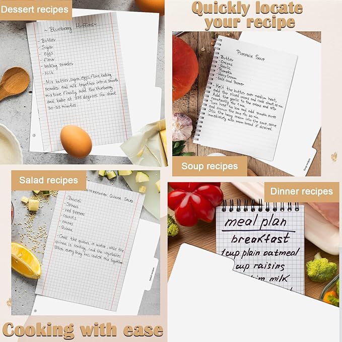 Recipe Dividers for 3 Ring Binder Set 9 3/4”×11” Black and Pre-Printed Recipe Binder Dividers Recipe Organizer Personalized Family Recipe Binder (24)