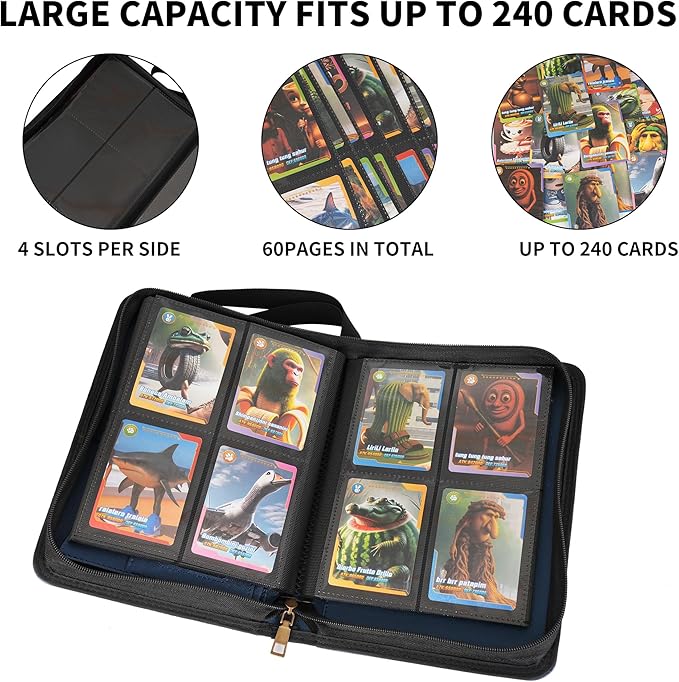 Wonderpool Card Binder A5 Album Zippered 4-Pocket Trading for 240 Cards - Leather PU Card Holder Collection Storage Folder, Side-Loading for Photo Pokemon, MTG, TCG, Yugioh, Sports Cards (Blue)
