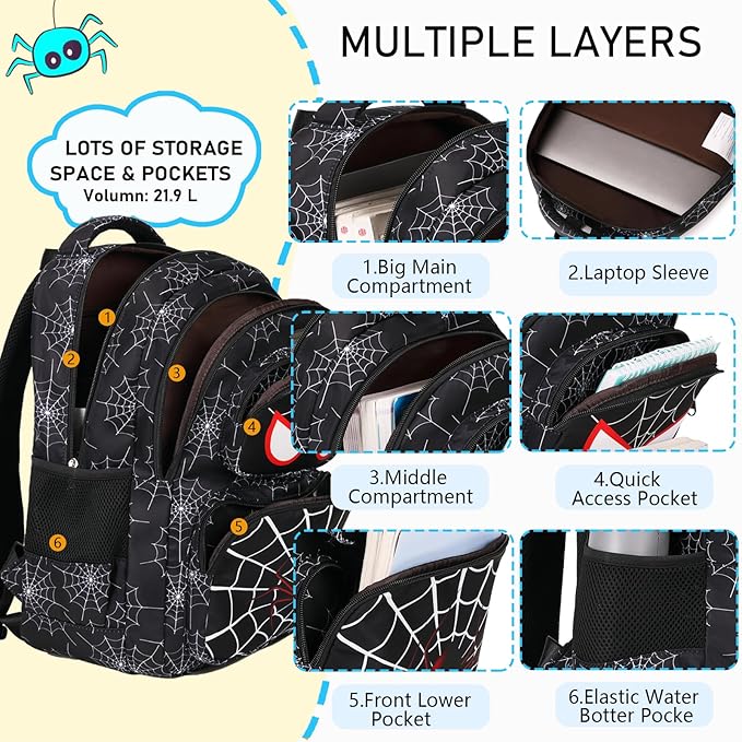 Boys Backpack with Lunch Box Glow in Dark Bookbag Kids Ages 4-12 Kindergarten Elementary School Spider Backpack, Luminous Spider Black