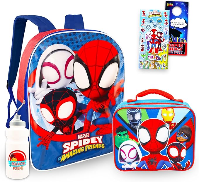 Marvel Spidey and His Amazing Friends Backpack with Lunch Box - Bundle with 15” Spiderman Backpack, Lunch Box, Water Bottle, Stickers, More | Spidey School Bag for Kids