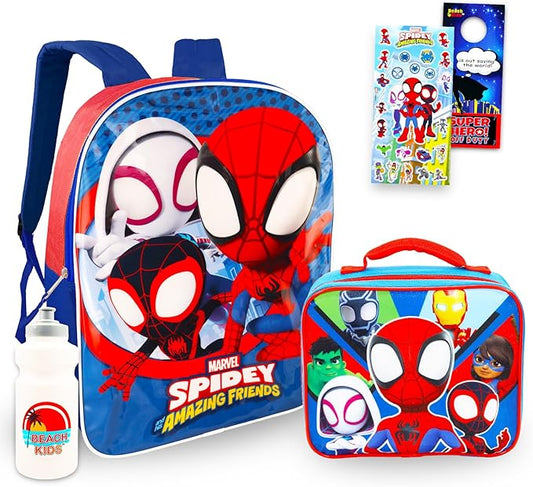 Marvel Spidey and His Amazing Friends Backpack with Lunch Box - Bundle with 15” Spiderman Backpack, Lunch Box, Water Bottle, Stickers, More | Spidey School Bag for Kids