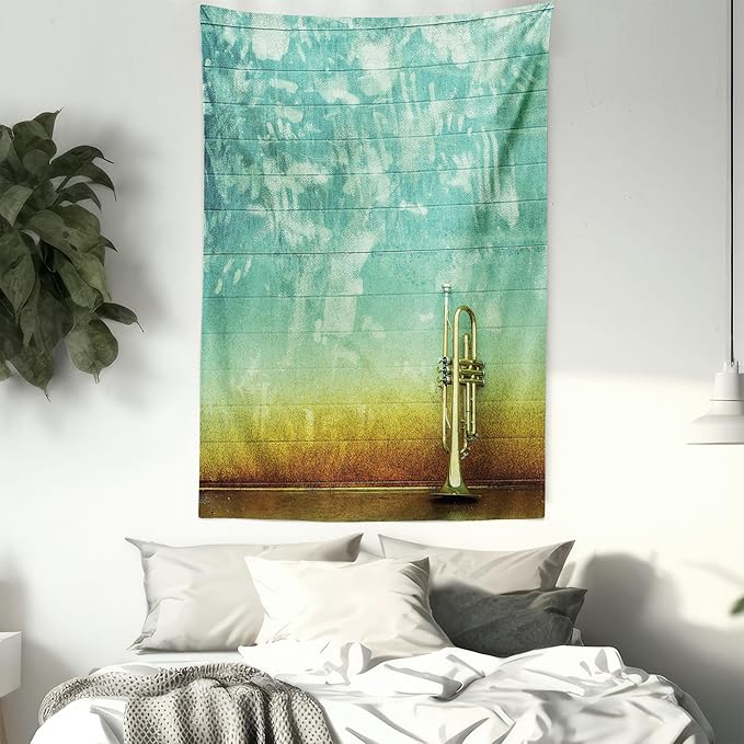 Ambesonne Music Tapestry, Old Aged Worn Single Trumpet Stands Alone Against a Faded Wall Jazz Theme Photo, Fabric Wall Hanging Decor for Bedroom Living Room Dorm, 30" X 45", Teal Brown