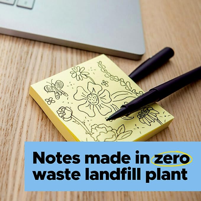 Post-it Super Sticky 100% Recycled Notes, 4 Sticky Note Pads, 4 x 6 in., 2X The Sticking Power, New Year Organization or Second Semester School Supplies, Canary Yellow