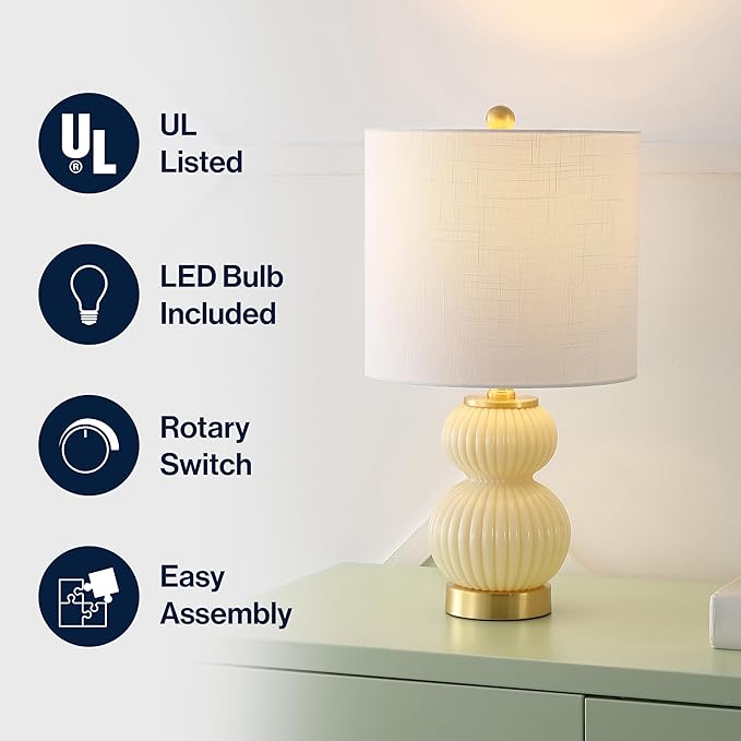 JONATHAN Y 20" Ivory/Brass Gold Ribbed Gourd Glass Table Lamp, Modern Bedside Lamp for Bedroom Living Room, White Linen Drum Shade, LED Bulb Included (JYL1099G)