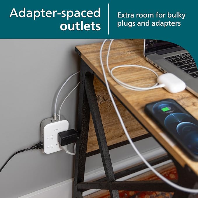 Philips All-in-One Surge Tap with USB, 4 Grounded & 4 Polarized Outlets, 2 USB-C & 1 USB-A Ports, 15W Shared, 1140 Joules, ETL Certified, White/Gray, SPP3453GW/37
