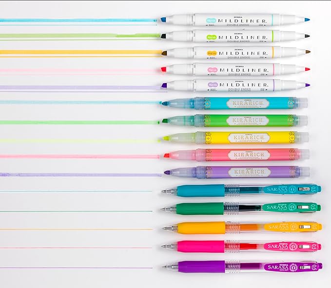 Zebra Pen Creative Starter Set 15-Pack, Includes 5 Kirarich Highlighters, 5 Mildliner Creative Markers, and 5 Sarasa Clip Retractable Gel Pens, Assorted Ink Colors, Ideal For Journaling (76015)