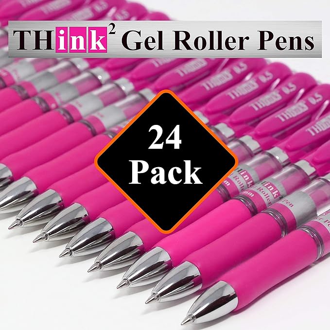 [24 Pens - Pink Ink] Think2 Retractable Gel Pens. (24 Pink) Fine Point (0.5mm) Rollerball Pens with Comfort Grip.