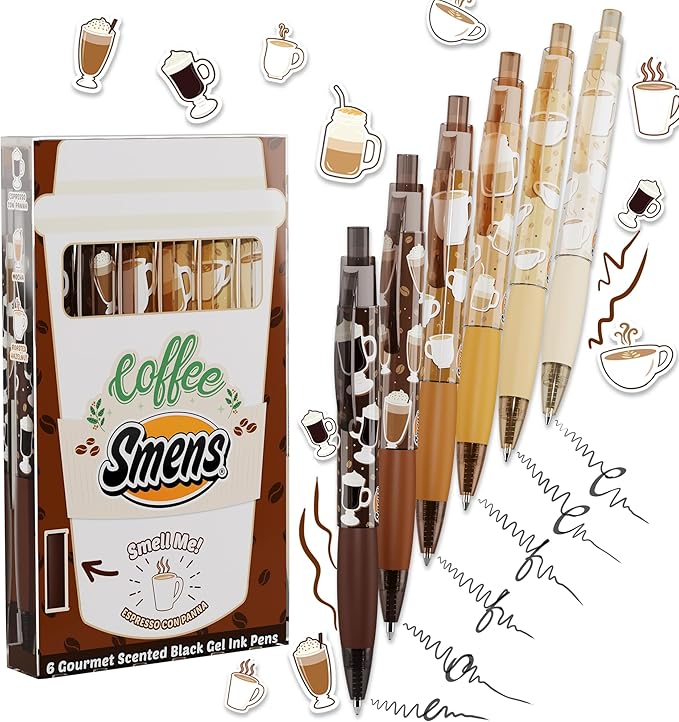 Scentco Coffee Smens - Gourmet Coffee-Scented Gel Pens, Black Ink, Medium Point, 6Pack Variety Set