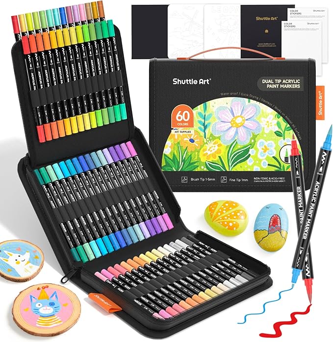 Shuttle Art 60 Colors Dual Tip Acrylic Paint Markers, Brush Tip and Fine Tip Acrylic Paint Pens for Rock, Ceramic, Wood, Canvas, Plastic, Glass, Stone, Calligraphy, Card Making, Crafts & Nail Art