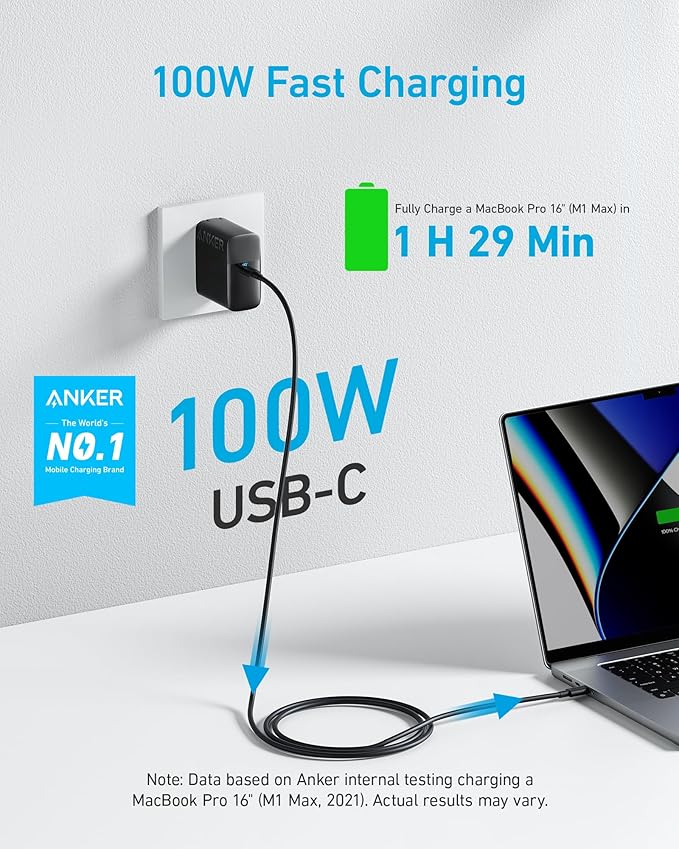 Anker MacBook Charger, Compact and Foldable 100W USB C Charger for MacBook Air, Samsung Galaxy, iPhone 17/16 Series, iPad Pro, and More, 5FT USB C Cable Included