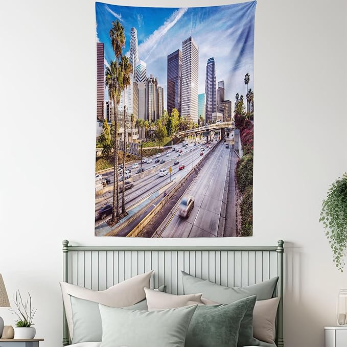 Ambesonne Travel Tapestry Twin Size, Downtown Cityscape of Los Angeles California USA Avenue Buildings Palms Print, Wall Hanging Bedspread Bed Cover Wall Decor, 68" X 88", Blue Grey Green