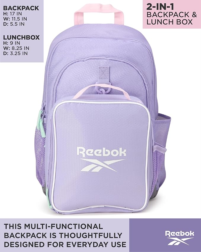 Reebok Girls and Boys Backpack - 2-in-1 Coordinated School Backpack for Girls and Boys with Detachable Lunch Box for Kids, Lavender