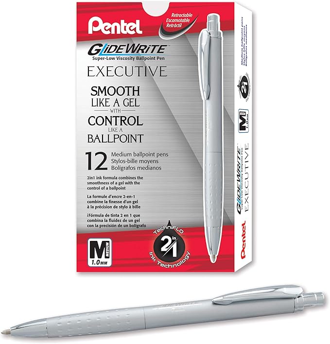 Pentel Glidewrite Executive Ballpoint Pen, (1.0mm) Medium Line, Silver Metal Barrel, Black Ink, Box of 12 (BX970Z-A)