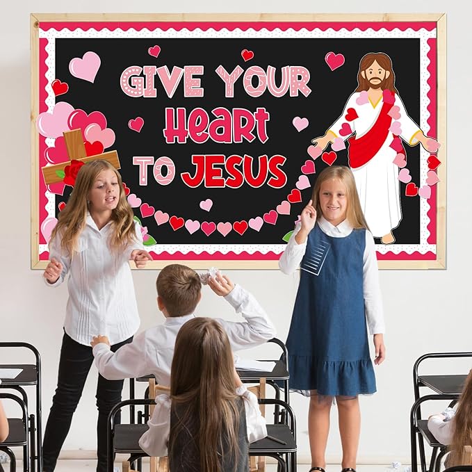 Valentine's Day Jesus Bulletin Board Set Valentines Religious Christian Classroom Decorations Give Your Heart to Jesus Love Heart Rose Cross Paper Cutouts for Sunday School Home Chalkboard Wall Decor