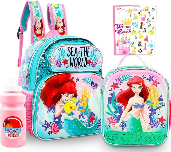 Disney Little Mermaid Mini Backpack with Lunch Bag - Bundle of 12” Ariel Mini Backpack Purse, Lunch Box, Stickers, Water Bottle, More School Supplies