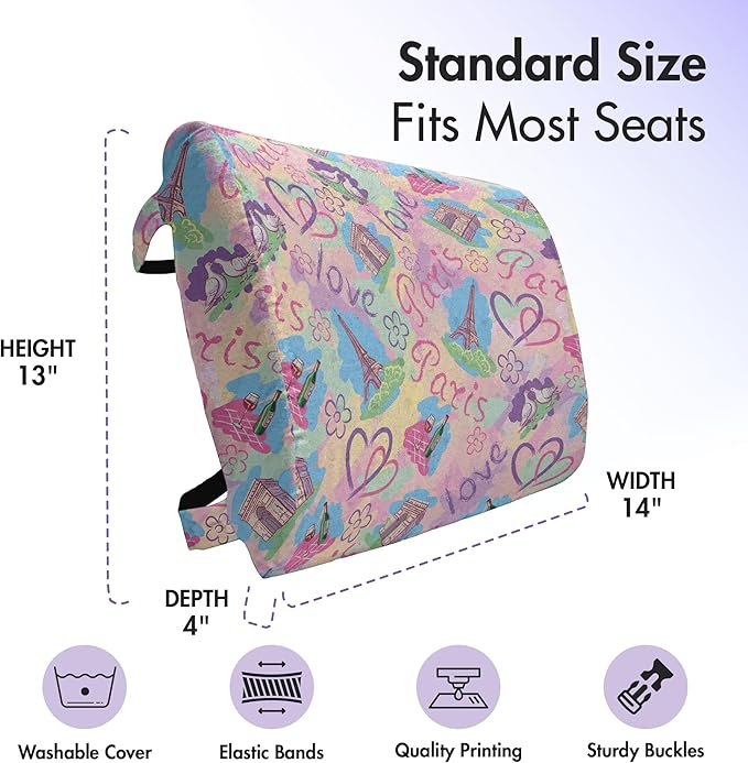 Ambesonne Modern Lumbar Back Support Pillow, Vintage Retro Paris French Design with Landmarks and Florals Art, High Density Foam for Office Chairs Car Seats, 14" x 13", Pink Blue