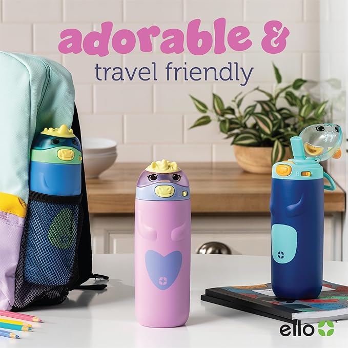 Ello Ellies 12oz Vacuum Insulated Stainless Steel Kids Water Bottle with Straw and Built-in Carrying Handle & Leak-Proof Locking Lid for School Backpack, Lunchbox & Outdoor Sports, Dino (Pack of 6)