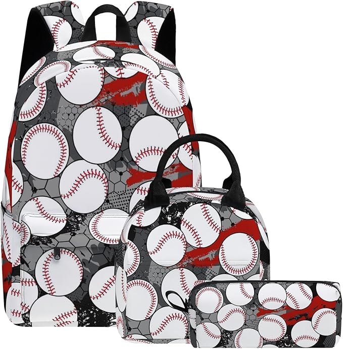 Baseball 3PCS Backpack for Boys Girls, Kids Back to School Backpack Sets with Lunch Bag Pencil Case, 17 Inch Lightweight Bookpack 3 in 1 Set for Teens Elementary Middle High School Students