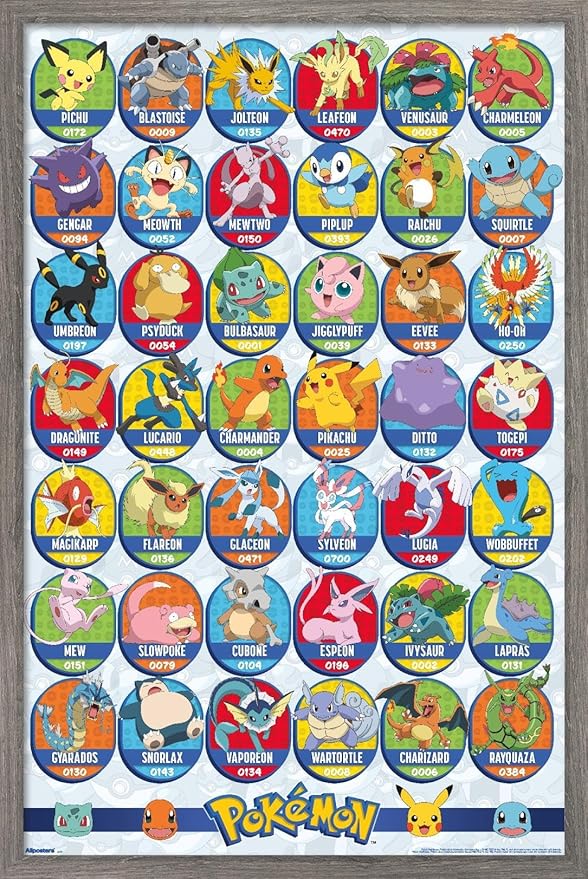Pokémon: All-Time Favorites - Grid Wall Poster, 34L" x 22.4W", Barnwood Framed Version
