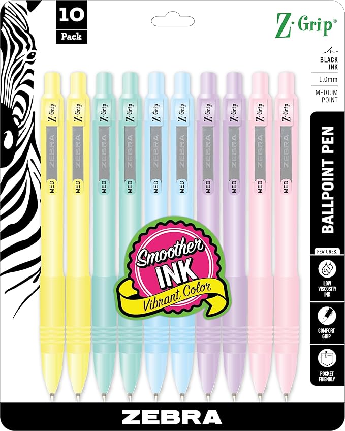 Zebra Pen Z-Grip Retractable Ballpoint Pen, Smooth-Flowing Black Ink, 1.0mm Medium Point, School & Office Supplies, Ideal for Note-Taking, Journal and Planner Use, 10-Pack Assorted Barrels (22101)