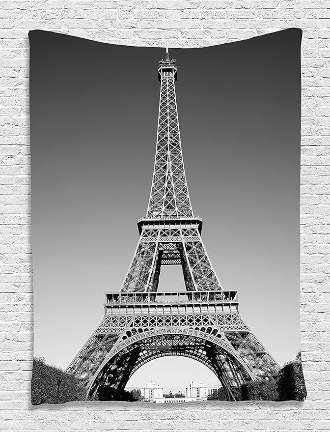 Ambesonne Eiffel Tower Tapestry, Paris Landmark Monochrome Picture of Cityscape European Urban Famous Place Image, Wall Hanging for Bedroom Living Room Dorm Decor, 40" X 60", Grey