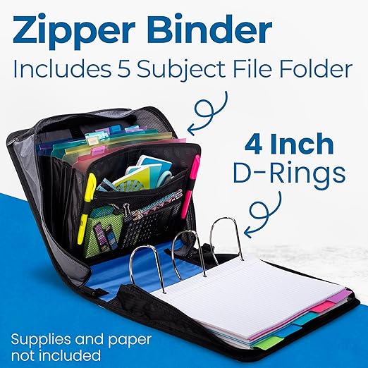 Case-it King Sized Zip Tab School Zipper Binder | 4-Inch D-Rings, 800 Sheet Capacity, 5-Subject Expanding File Folder, Multiple Pockets & Storage Organizer, Shoulder Strap | D-186 Midnight Blue