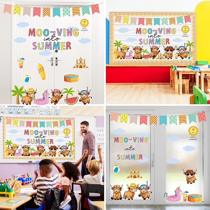 Summer Bulletin Board Set Highland Cow Bulletin Board Classroom Decorations Mooving Into Summer Cutouts for Teacher Classroom School Office Chalkboard Wall Library Window Home Decor