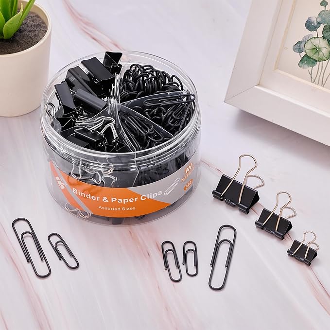 NEEWAY 300pcs Paper and Binder Clips Assorted Sizes, Black