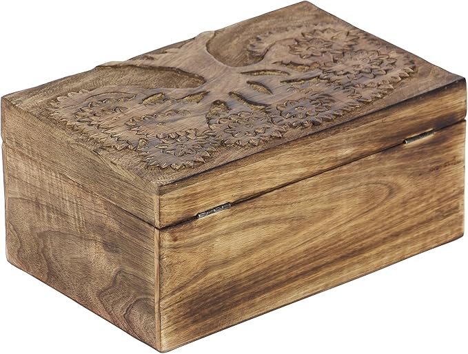 Deco 79 Mango Wood Floral Handmade Decorative Box Decorative Keepsake Boxes with Hinged Lid, Set of 3 Storage Boxes 8", 10", 12"W, Brown