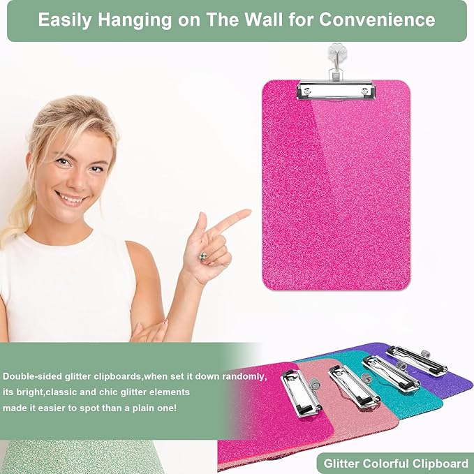 1 Pcs Clear Glitter Clipboards,Plastic Clipboard with Pen Holder,Size 8.85 x 12.4 in Shiny Clipboards with Low Profile Clip,Cute Hanging Clipboard for Office Supplies Sparkly Clip Board-Hot Pink