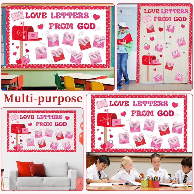 Valentine's Day Christian Bulletin Board Set Religious Mailbox Classroom Decor Bible Verse Inspirational Quotes Love Letters Cutouts Heart Bulletin Board Border for Sunday School Church VBS Wall Decor